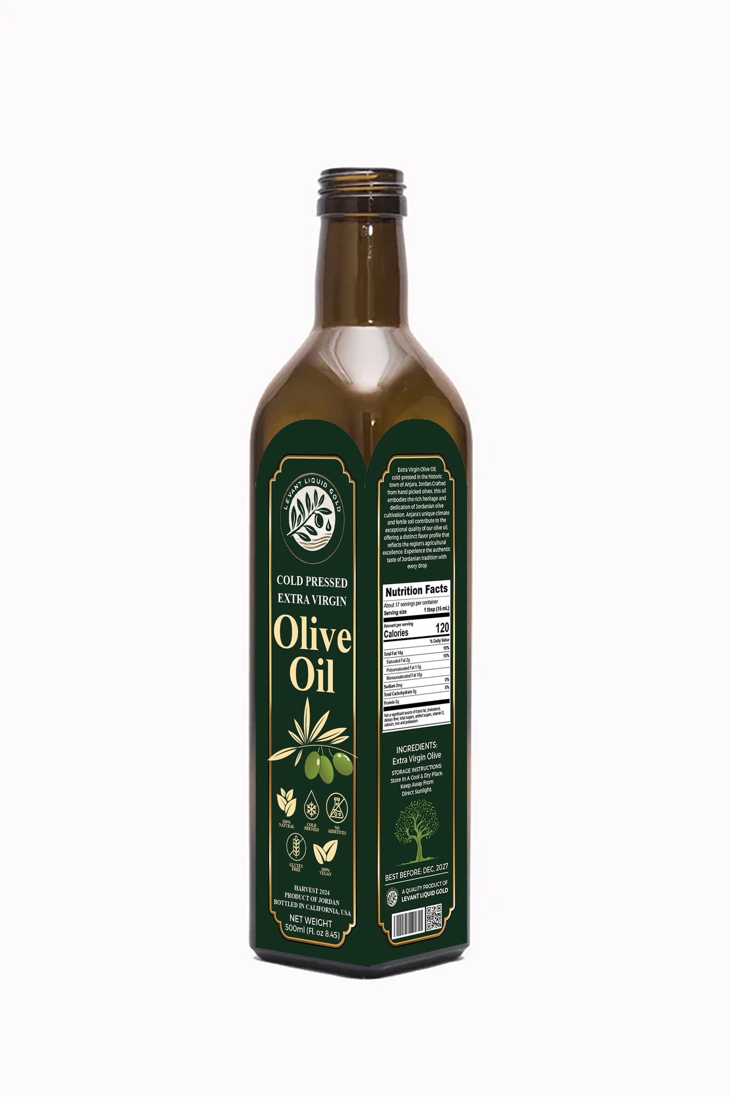 Premium Levantine Extra Virgin Olive Oil – Cold Pressed, Organic, 500mL – Jordanian Maysar Olives