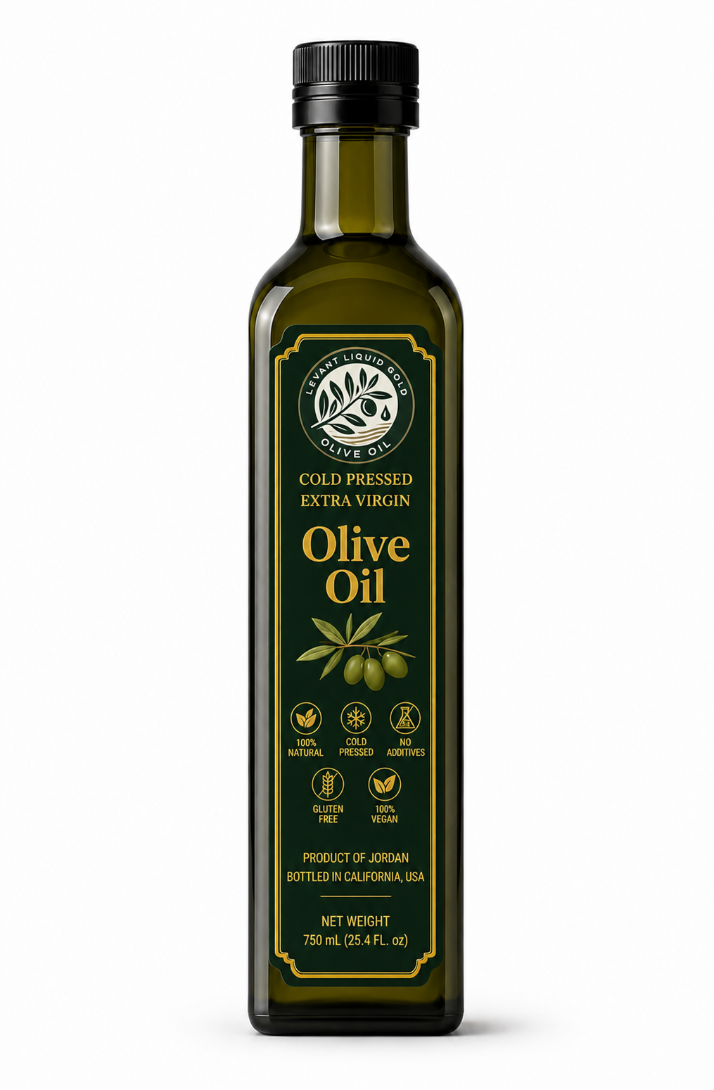 Levantine Jordanian extra virgin olive oil from Levant Liquid Gold, cold pressed organic EVOO in a 750mL bottle with Ajloun Mehras olives