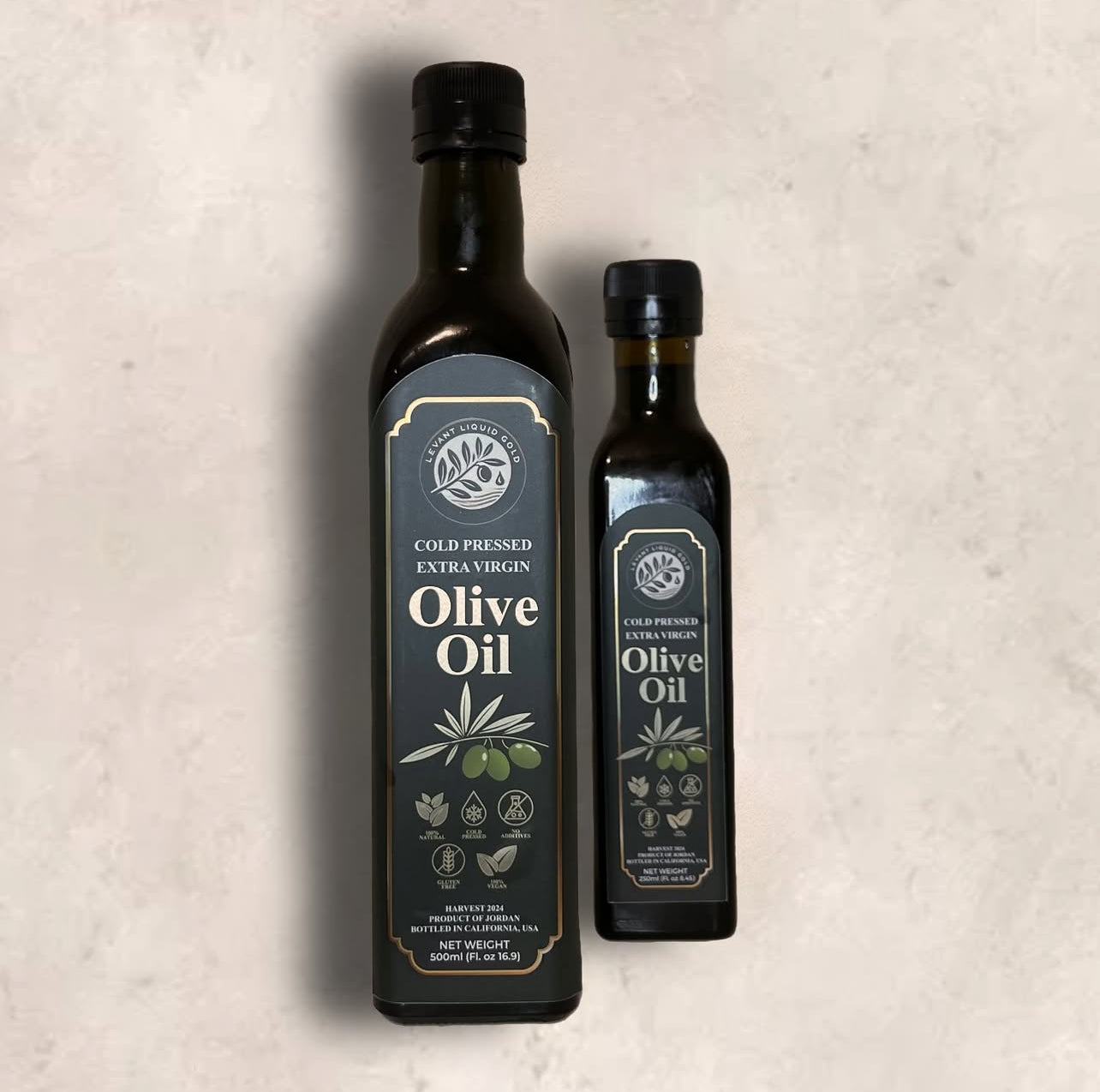 Levant Liquid Gold Ancient Jordanian Olive Oil gift set with cold-pressed EVOO bottles and olive oil soap from Ajloun Jordan.