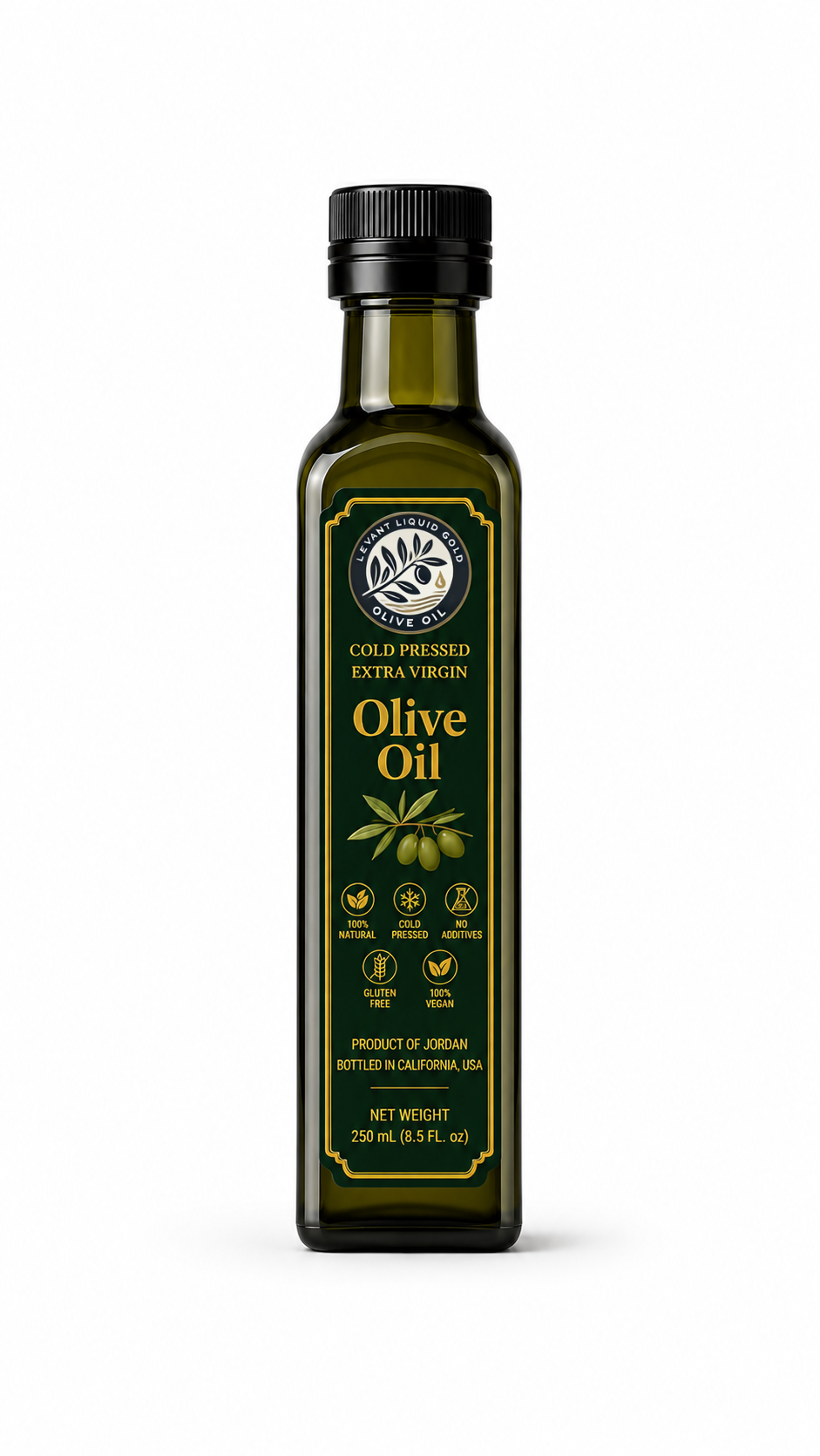 Levantine Jordanian organic extra virgin olive oil from Ajloun Mehras olives in a 250mL bottle, cold pressed and rich in flavor.