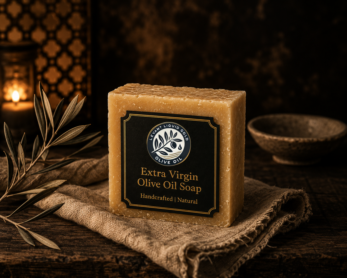 Handcrafted Levant Liquid Gold Olive Oil Soap Bar with natural texture and creamy color, showcasing its artisanal quality.