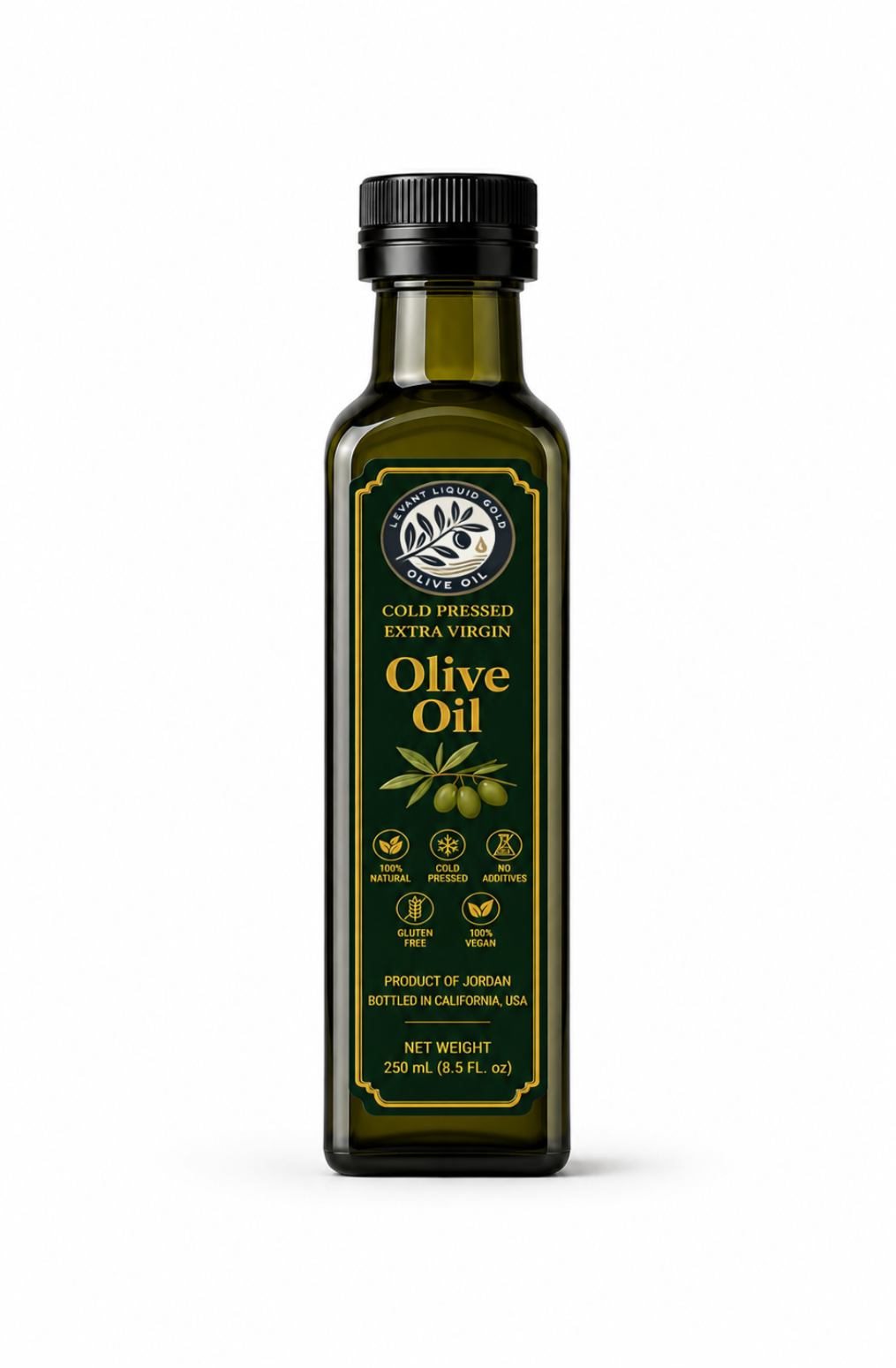 Levantine Jordanian extra virgin olive oil in a 100mL glass bottle from Levant Liquid Gold with a green label and cap.