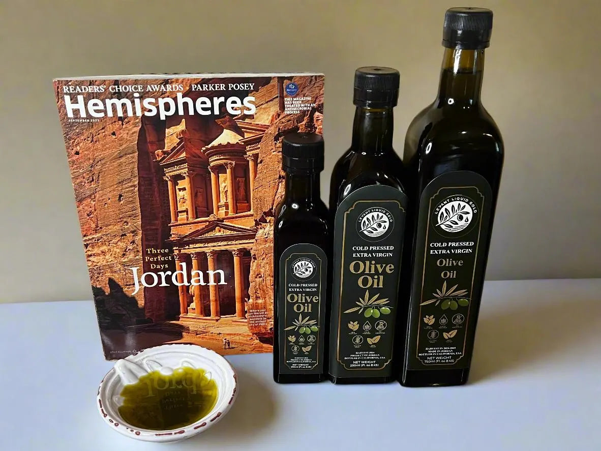 Ancient Jordanian olive oil gift set by Levant Liquid Gold featuring cold-pressed EVOO and olive oil soap from Ajloun Jordan.